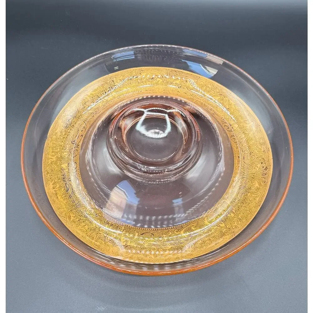 Vintage Pink Depression Glass Console Bowl Gold Encrusted Floral Rim